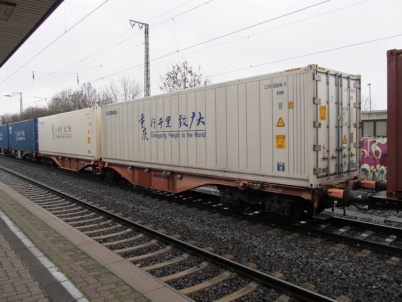 Gelenk-Containertragwagen Sggrss im Bahnhof Wunstorf